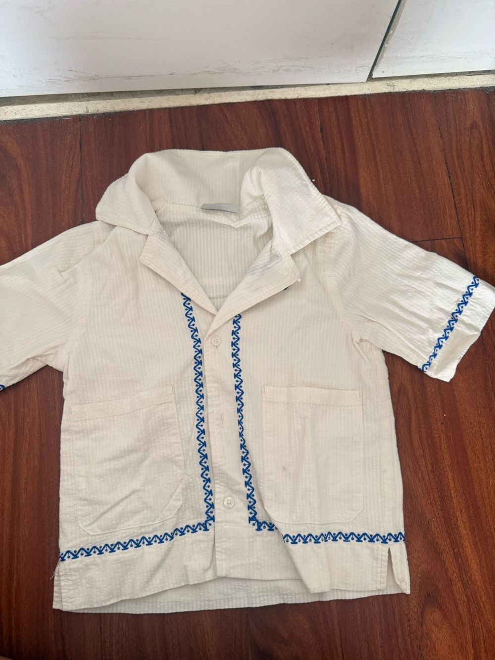 Kith White Short-Sleeve Button-Down Shirt with Blue Embroidery